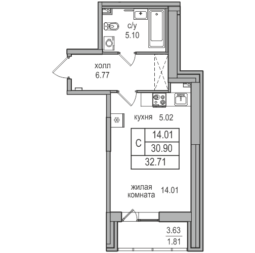 Студия 32.3 м²