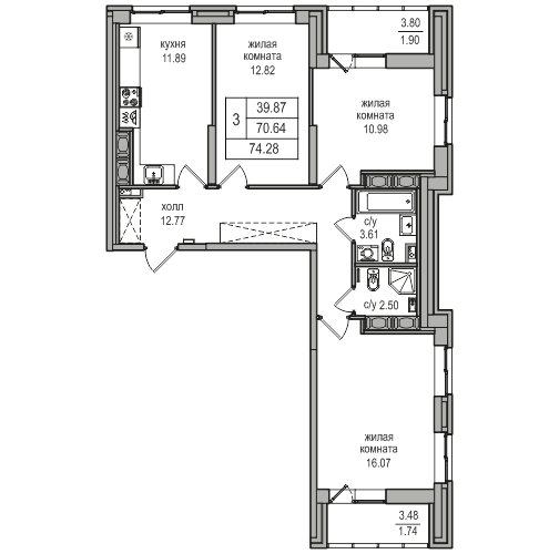 3-комнатная 74.28 м²