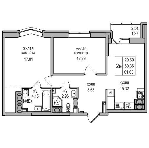 3-к. евро 61.63 м²