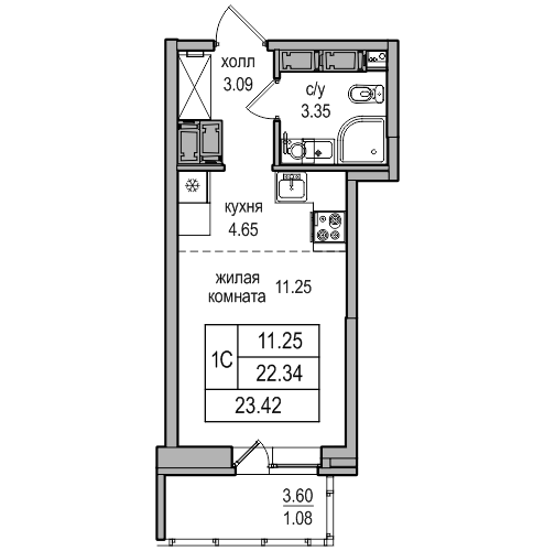 Студия 23.42 м²
