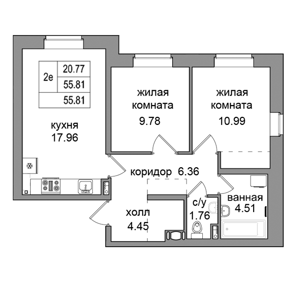 3-к. евро 55.1 м²